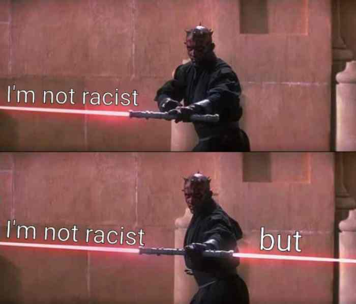 This meme is a play on the iconic "I am your father" line from the Star Wars franchise. It features a character from the series, Darth Maul, holding a lightsaber and saying "I am not a racist" in response to a perceived insult. However, he quickly corrects himself, saying "I am not a racist, but" before the lightsaber cuts through the air, implying a violent and aggressive response to the insult.